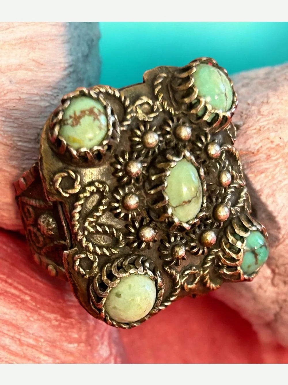Antique Yemenite Filigree Genuine Turquoise Silver Ornate Ring